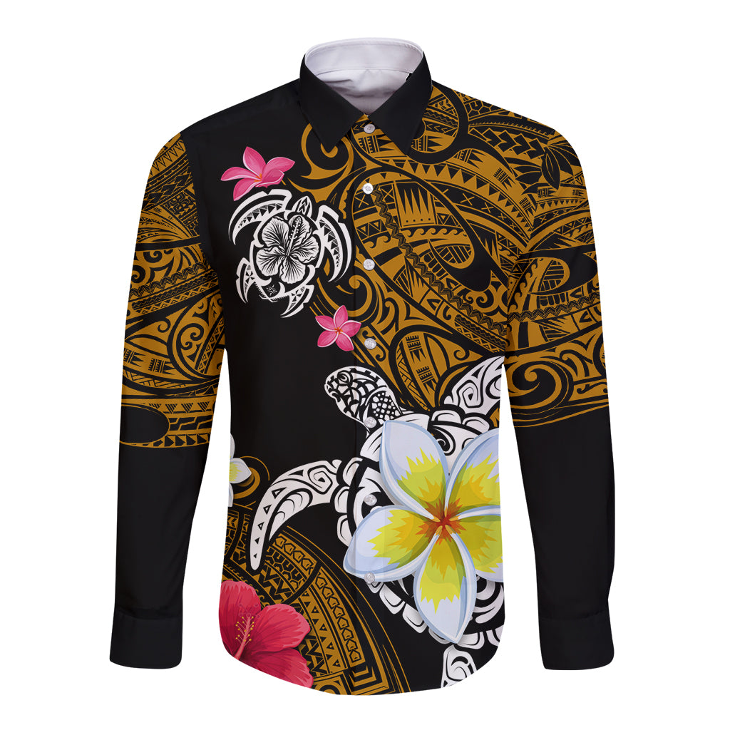 Hawaii Turtle and Tropical Flower Long Sleeve Button Shirt Polynesian Pattern LT03 Unisex Black - Polynesian Pride