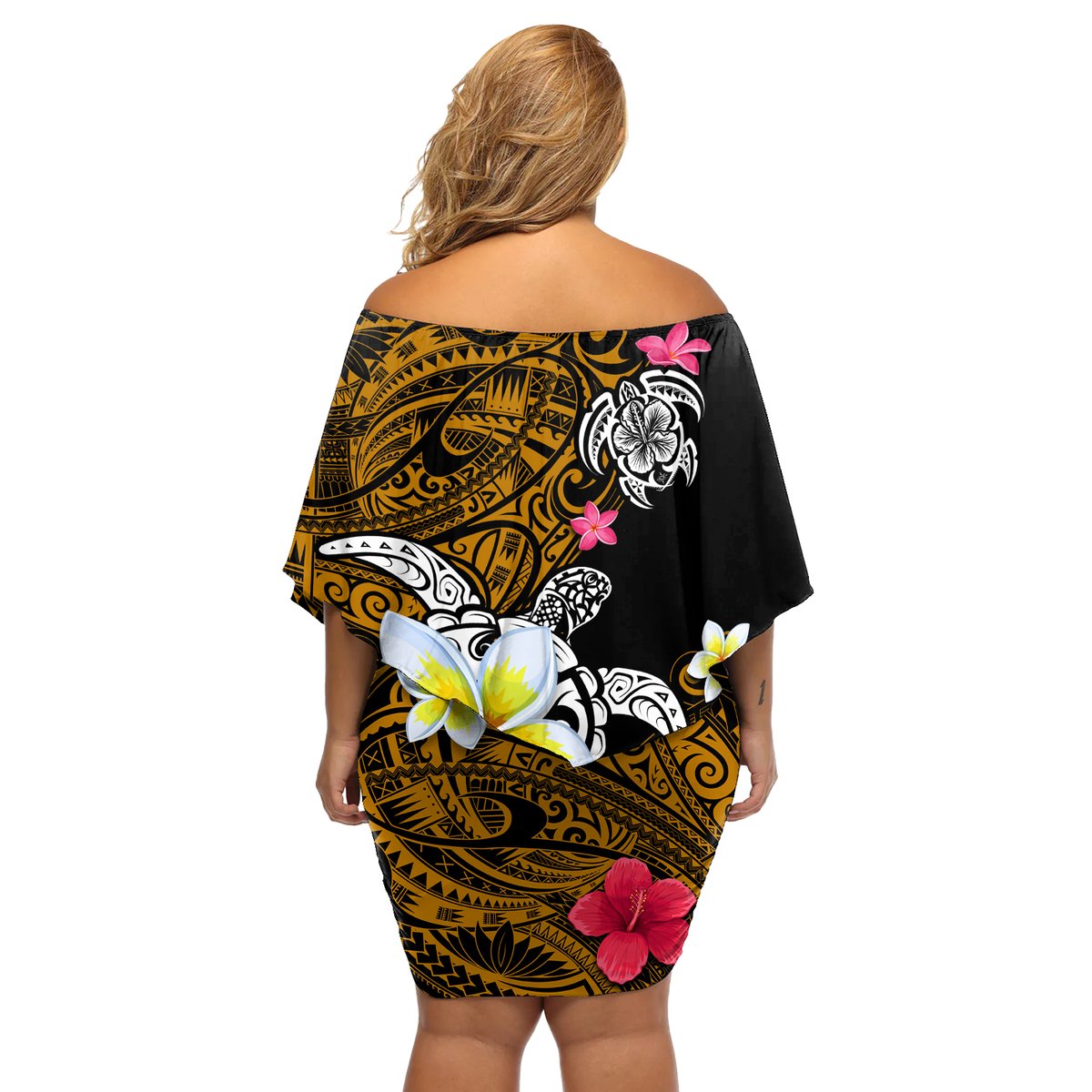 Hawaii Turtle and Tropical Flower Off Shoulder Short Dress Polynesian Pattern LT03 - Polynesian Pride