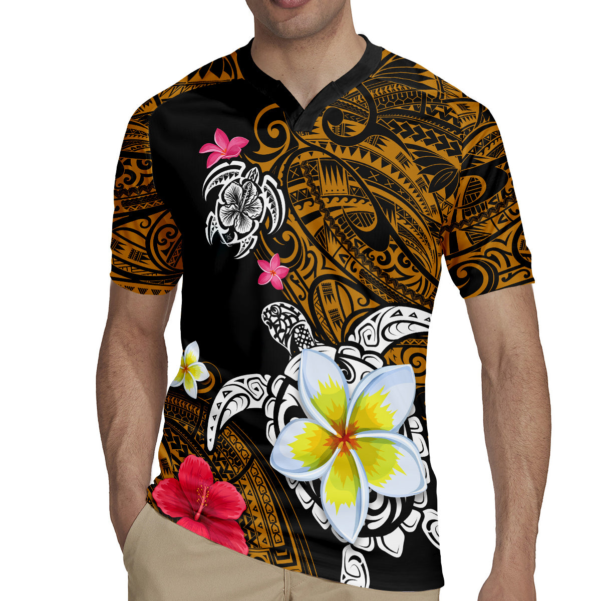 Hawaii Turtle and Tropical Flower Rugby Jersey Polynesian Pattern