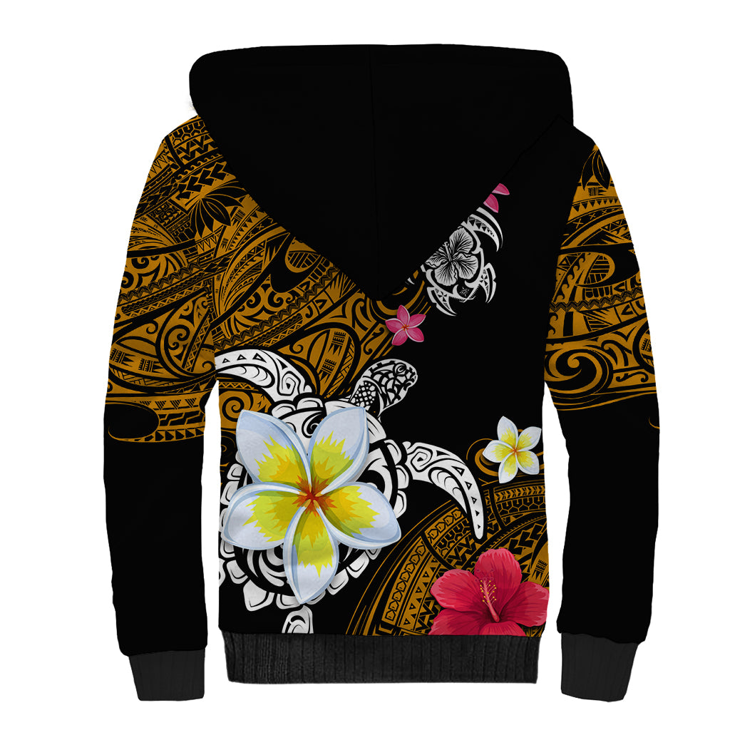 Hawaii Turtle and Tropical Flower Sherpa Hoodie Polynesian Pattern