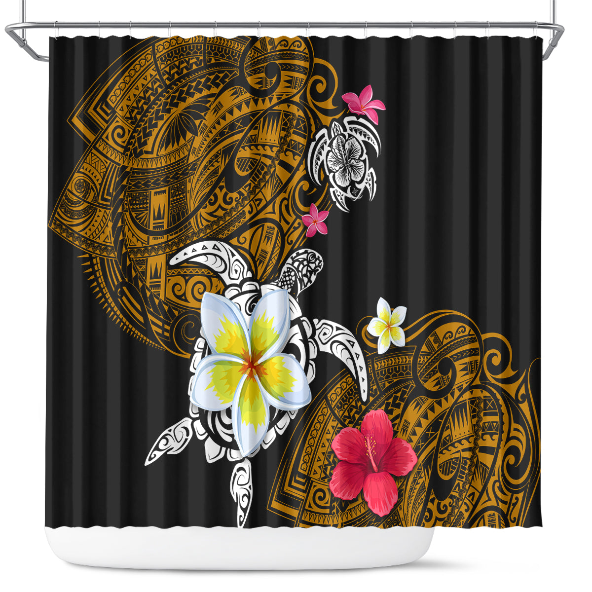 Hawaii Turtle and Tropical Flower Shower Curtain Polynesian Pattern LT03 Black - Polynesian Pride