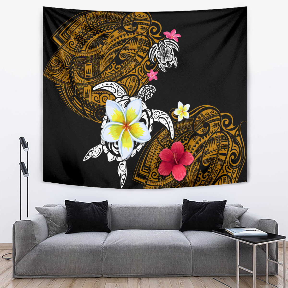 Hawaii Turtle and Tropical Flower Tapestry Polynesian Pattern LT03 Black - Polynesian Pride