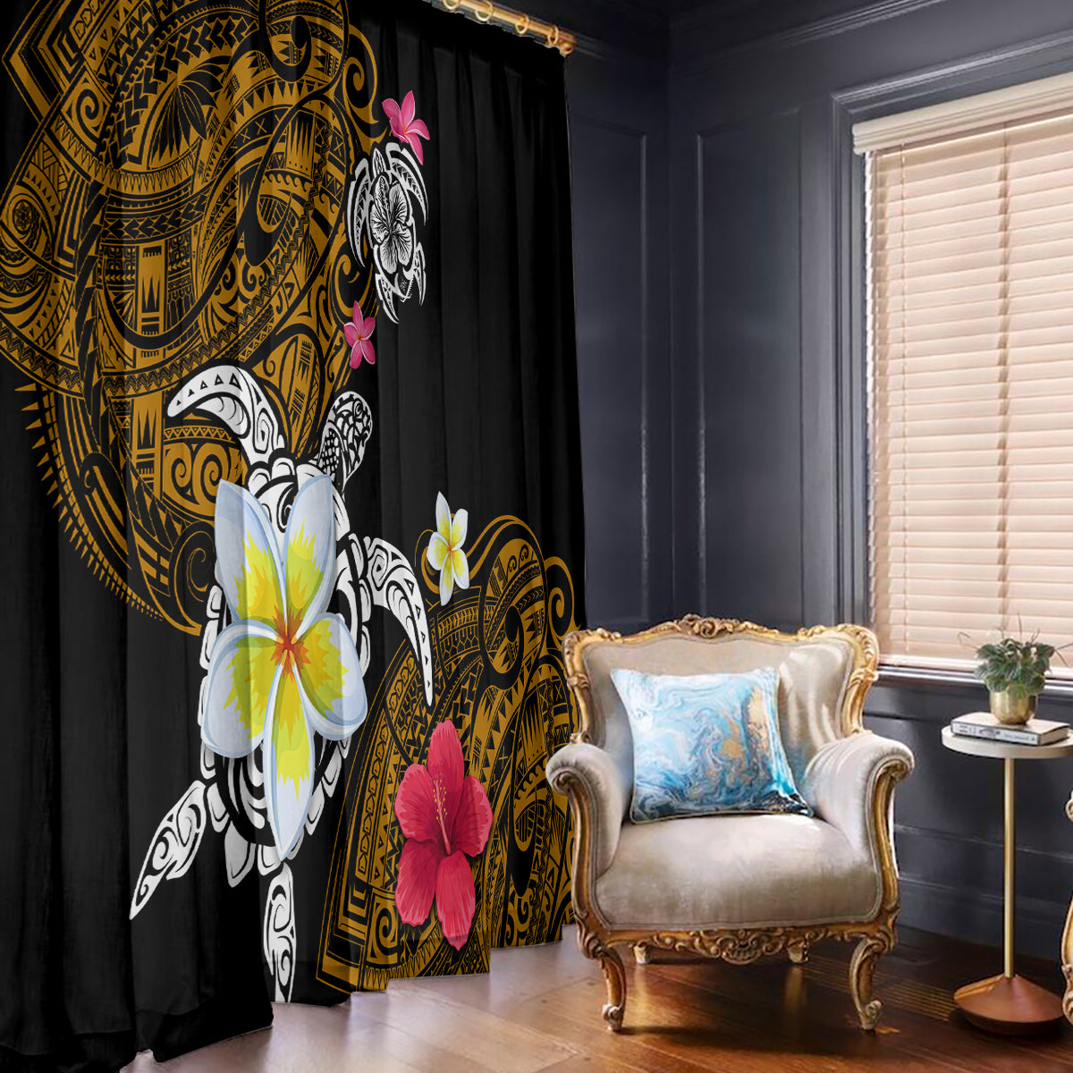 Hawaii Turtle and Tropical Flower Window Curtain Polynesian Pattern LT03 - Polynesian Pride