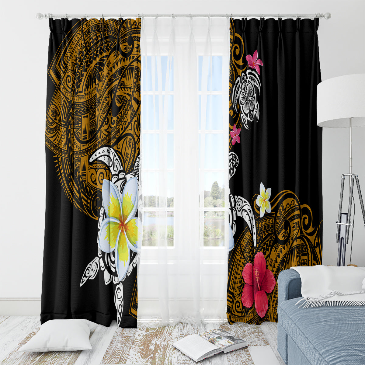 Hawaii Turtle and Tropical Flower Window Curtain Polynesian Pattern LT03 - Polynesian Pride