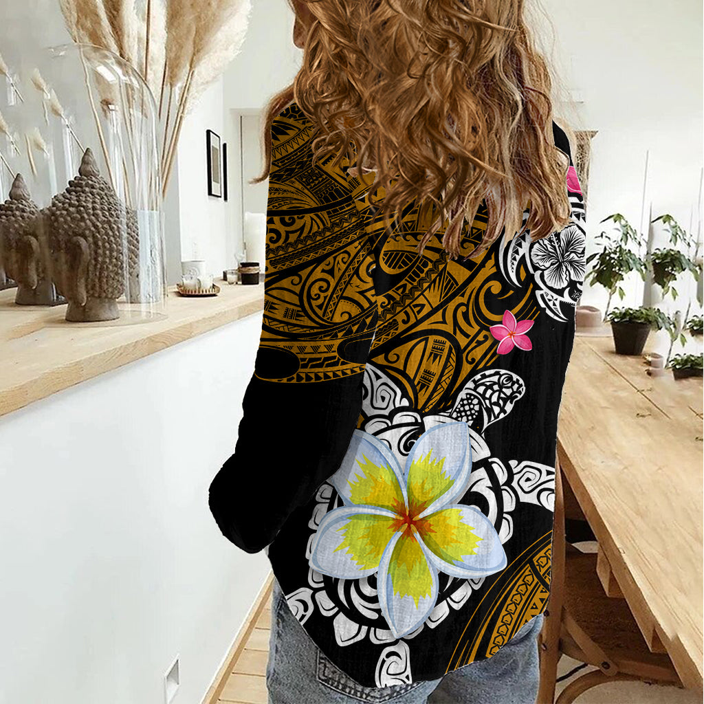 Hawaii Turtle and Tropical Flower Women Casual Shirt Polynesian Pattern