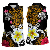 Hawaii Turtle and Tropical Flower Women Sleeveless Polo Shirt Polynesian Pattern