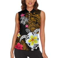 Hawaii Turtle and Tropical Flower Women Sleeveless Polo Shirt Polynesian Pattern