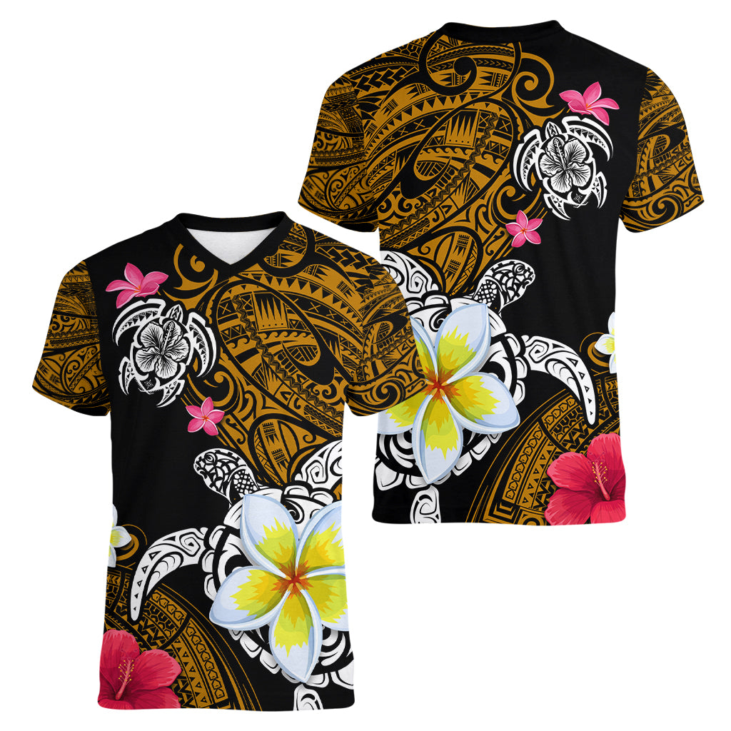 Hawaii Turtle and Tropical Flower Women V-Neck T-Shirt Polynesian Pattern