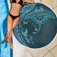 Hawaiian Manta Ray and Polynesian Tribal Tattoo Beach Blanket Turquoise Color LT03