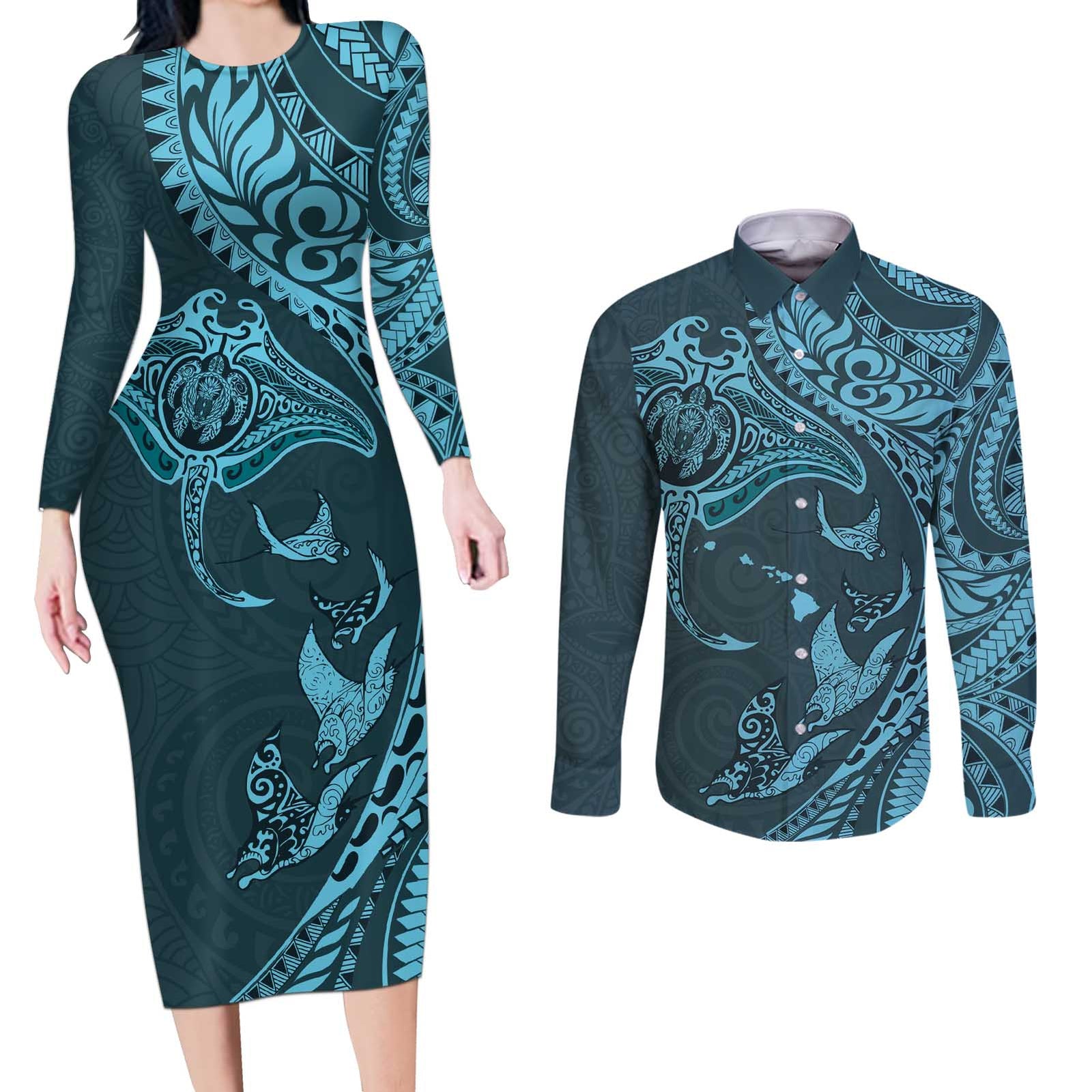Hawaiian Manta Ray and Polynesian Tribal Tattoo Couples Matching Long Sleeve Bodycon Dress and Long Sleeve Button Shirt Turquoise Color LT03 Turquoise - Polynesian Pride
