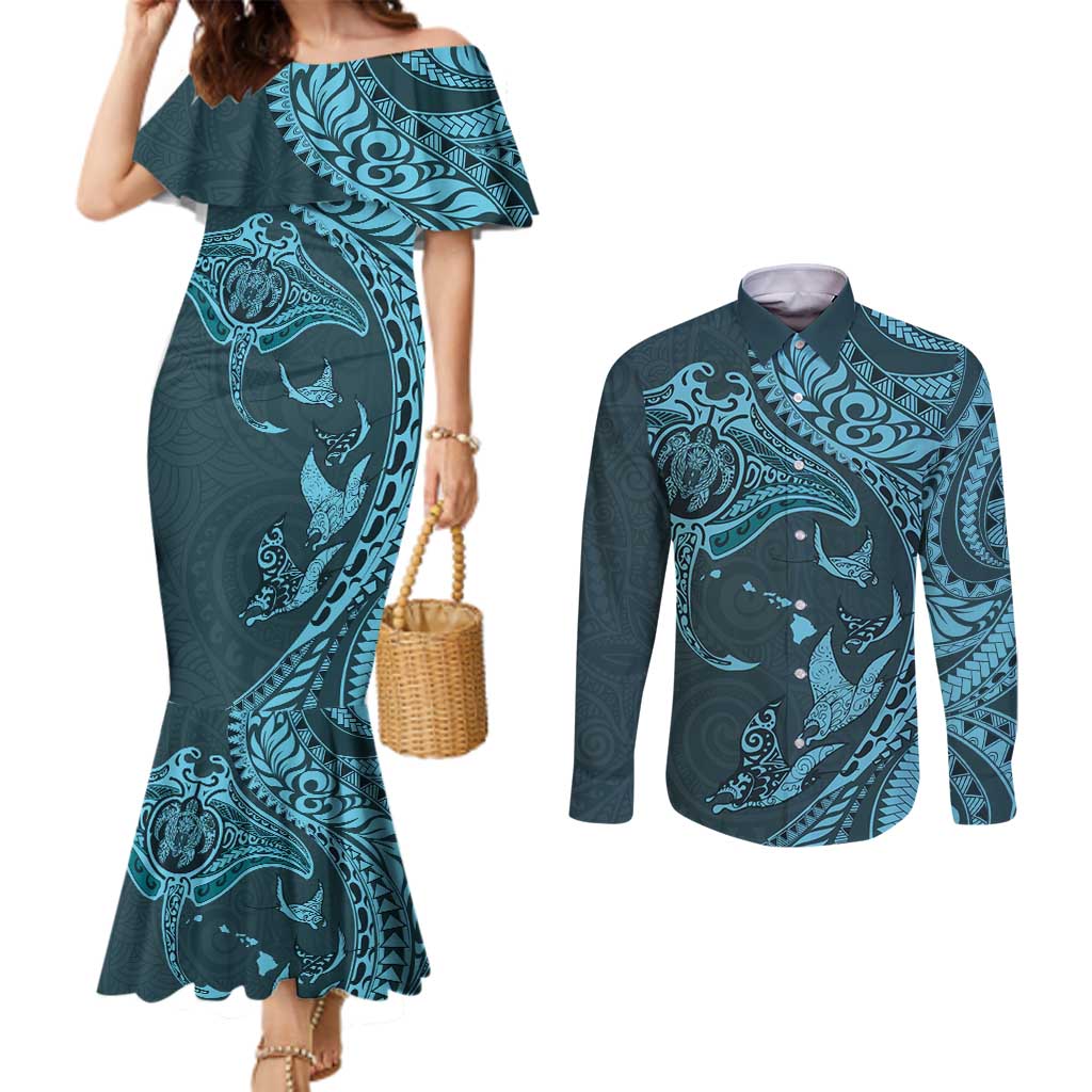 Hawaiian Manta Ray and Polynesian Tribal Tattoo Couples Matching Mermaid Dress and Long Sleeve Button Shirt Turquoise Color LT03
