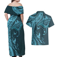 Hawaiian Manta Ray and Polynesian Tribal Tattoo Couples Matching Off Shoulder Maxi Dress and Hawaiian Shirt Turquoise Color LT03