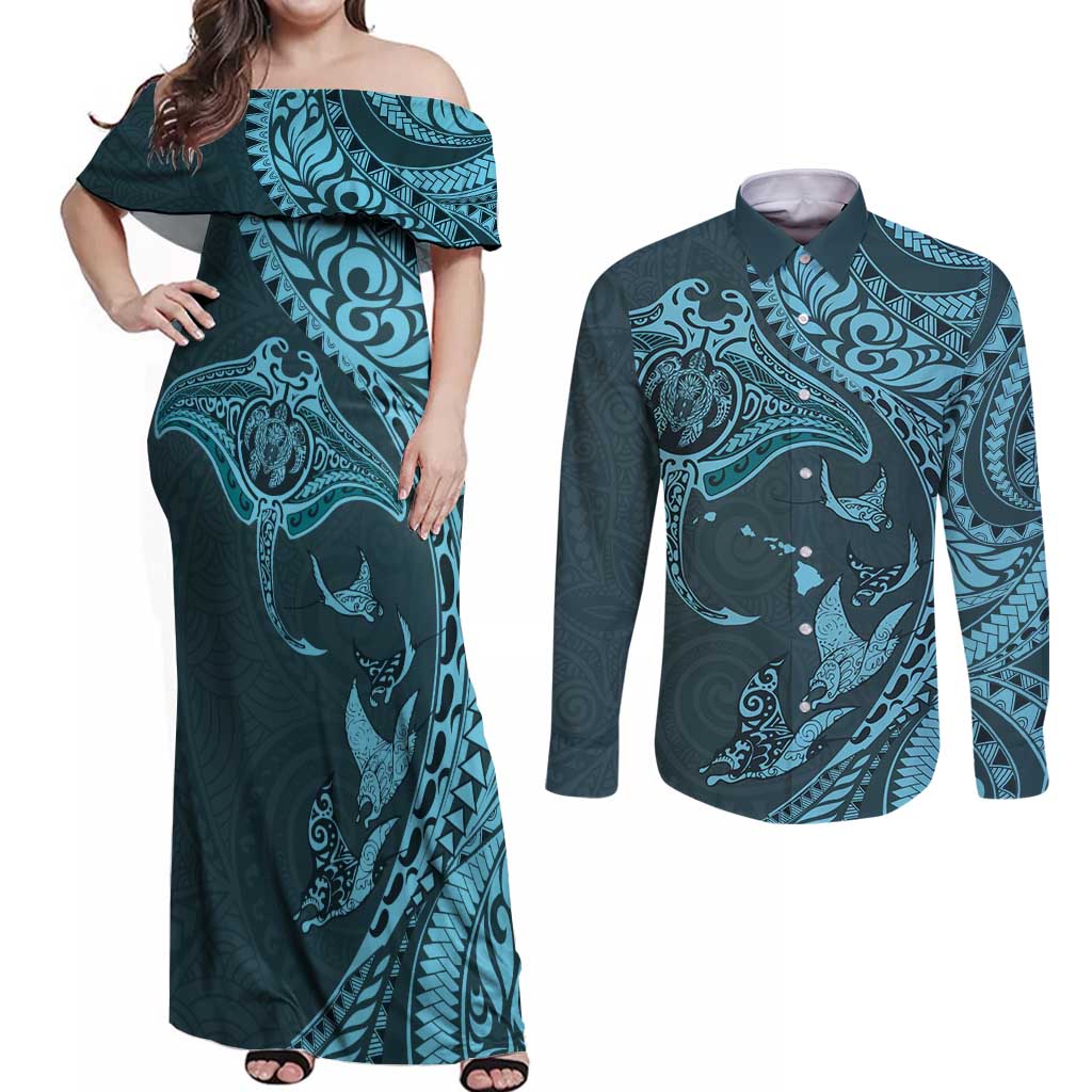Hawaiian Manta Ray and Polynesian Tribal Tattoo Couples Matching Off Shoulder Maxi Dress and Long Sleeve Button Shirt Turquoise Color LT03 Turquoise - Polynesian Pride