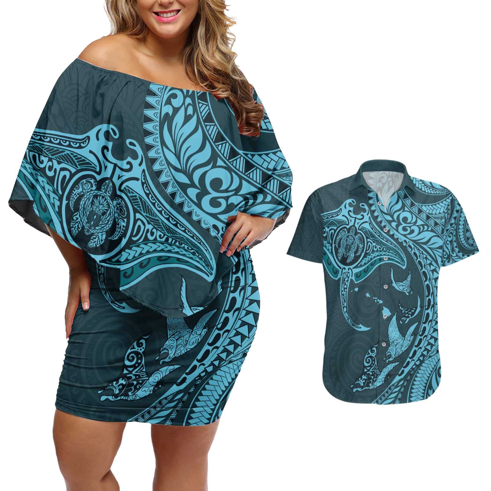 Hawaiian Manta Ray and Polynesian Tribal Tattoo Couples Matching Off Shoulder Short Dress and Hawaiian Shirt Turquoise Color LT03 Turquoise - Polynesian Pride