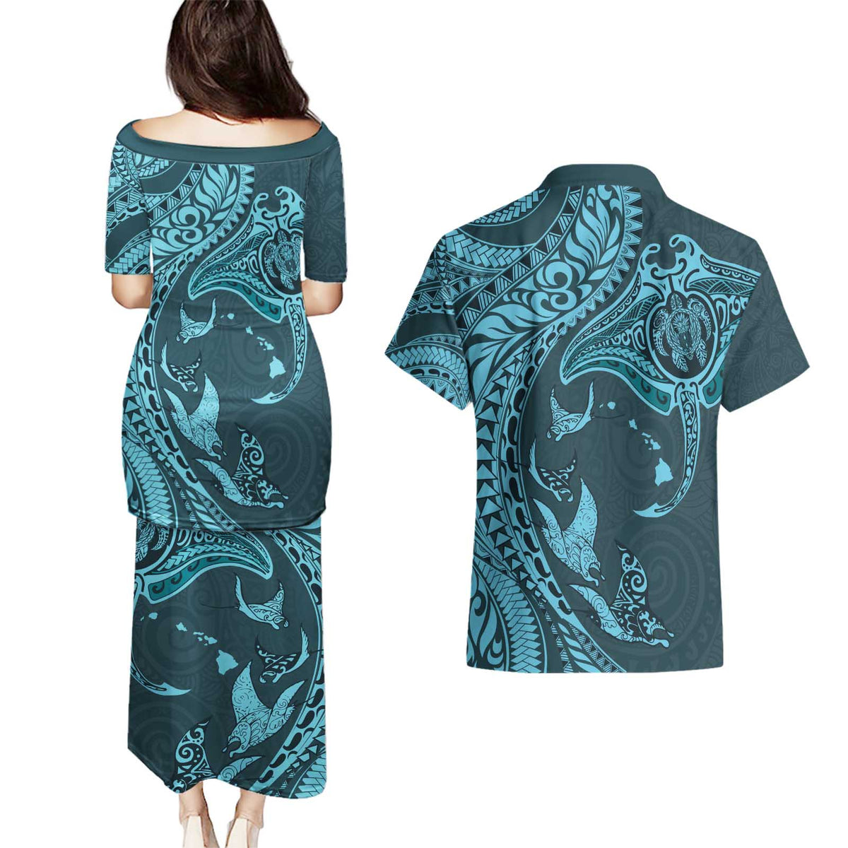Hawaiian Manta Ray and Polynesian Tribal Tattoo Couples Matching Puletasi and Hawaiian Shirt Turquoise Color LT03