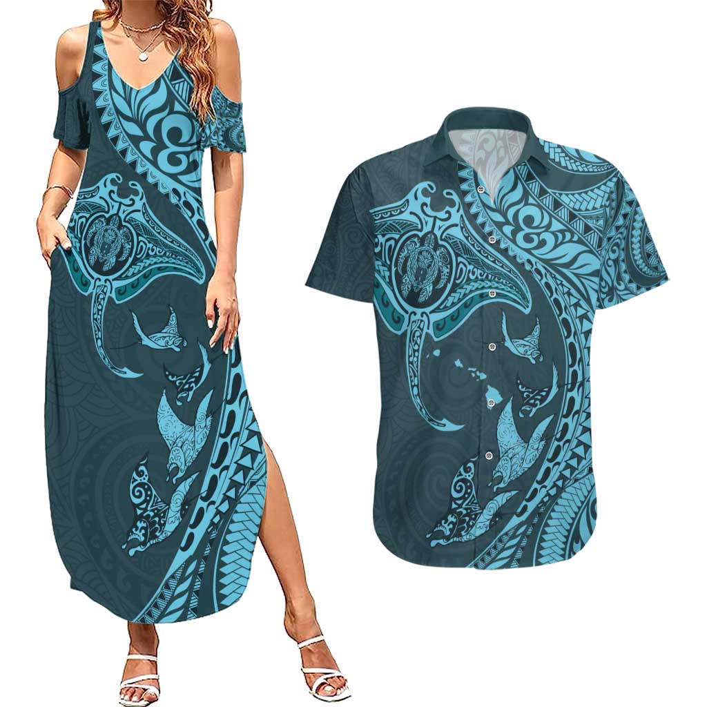 Hawaiian Manta Ray and Polynesian Tribal Tattoo Couples Matching Summer Maxi Dress and Hawaiian Shirt Turquoise Color LT03 Turquoise - Polynesian Pride