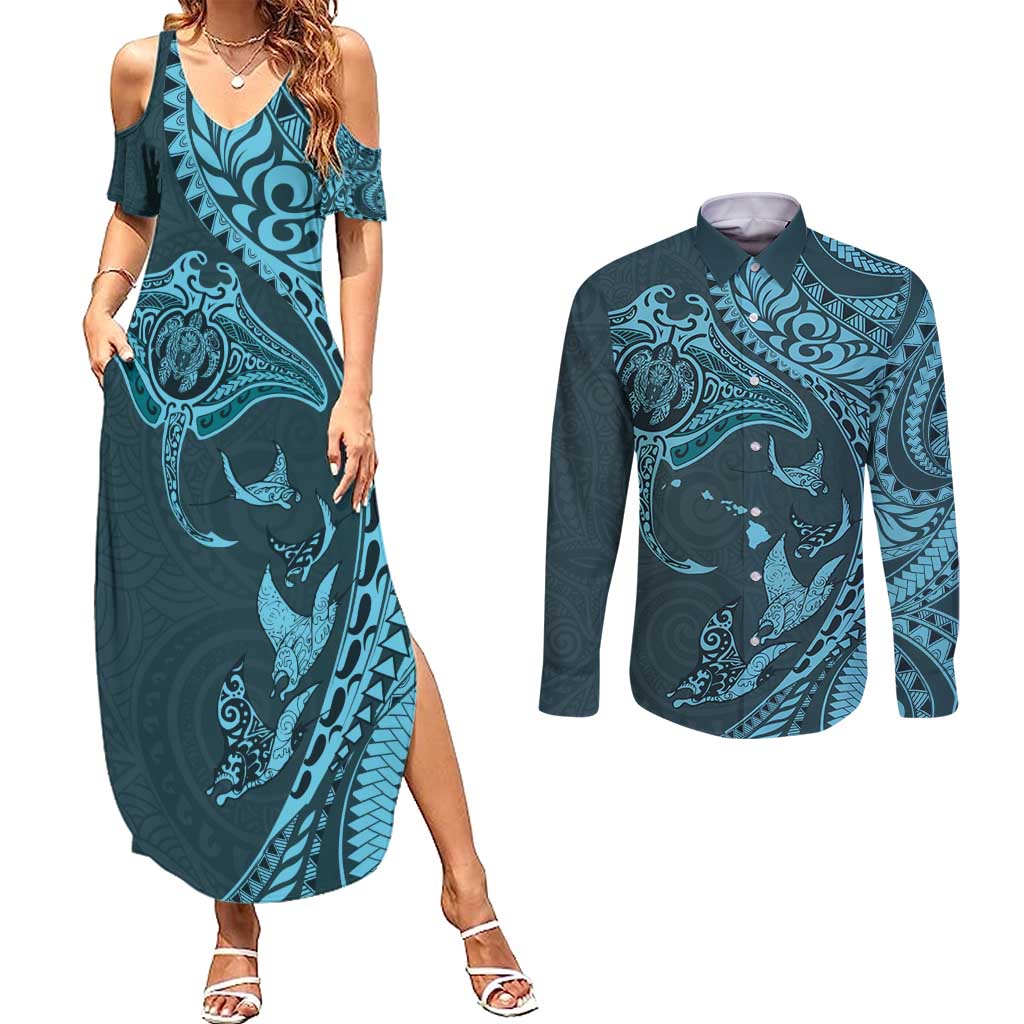 Hawaiian Manta Ray and Polynesian Tribal Tattoo Couples Matching Summer Maxi Dress and Long Sleeve Button Shirt Turquoise Color LT03 Turquoise - Polynesian Pride