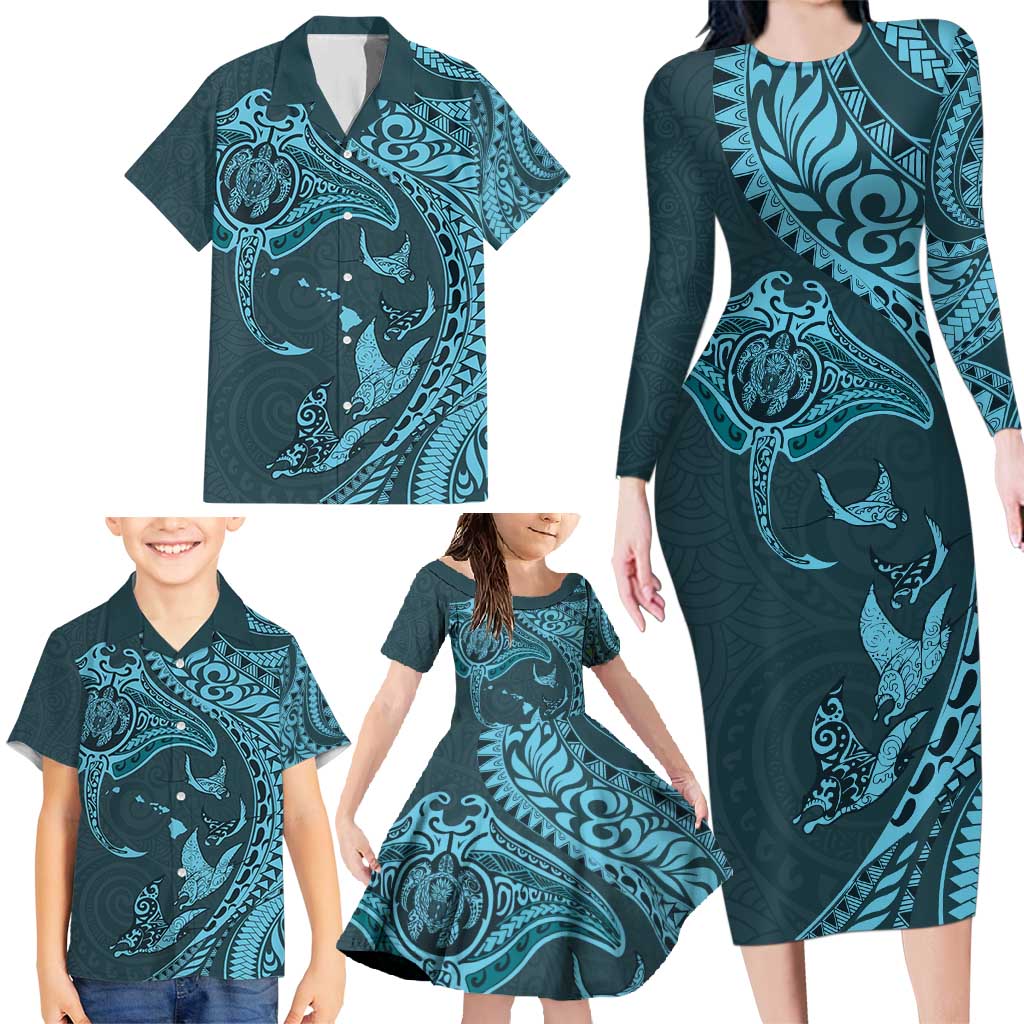 Hawaiian Manta Ray and Polynesian Tribal Tattoo Family Matching Long Sleeve Bodycon Dress and Hawaiian Shirt Turquoise Color LT03 - Polynesian Pride