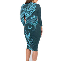 Hawaiian Manta Ray and Polynesian Tribal Tattoo Family Matching Long Sleeve Bodycon Dress and Hawaiian Shirt Turquoise Color LT03
