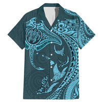 Hawaiian Manta Ray and Polynesian Tribal Tattoo Family Matching Mermaid Dress and Hawaiian Shirt Turquoise Color LT03 Dad's Shirt - Short Sleeve Turquoise - Polynesian Pride