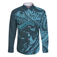 Hawaiian Manta Ray and Polynesian Tribal Tattoo Family Matching Mermaid Dress and Hawaiian Shirt Turquoise Color LT03 Dad's Shirt - Long Sleeve Turquoise - Polynesian Pride