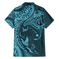 Hawaiian Manta Ray and Polynesian Tribal Tattoo Family Matching Off The Shoulder Long Sleeve Dress and Hawaiian Shirt Turquoise Color LT03