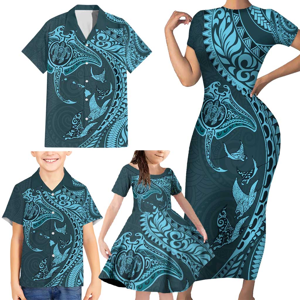 Hawaiian Manta Ray and Polynesian Tribal Tattoo Family Matching Short Sleeve Bodycon Dress and Hawaiian Shirt Turquoise Color LT03 - Polynesian Pride