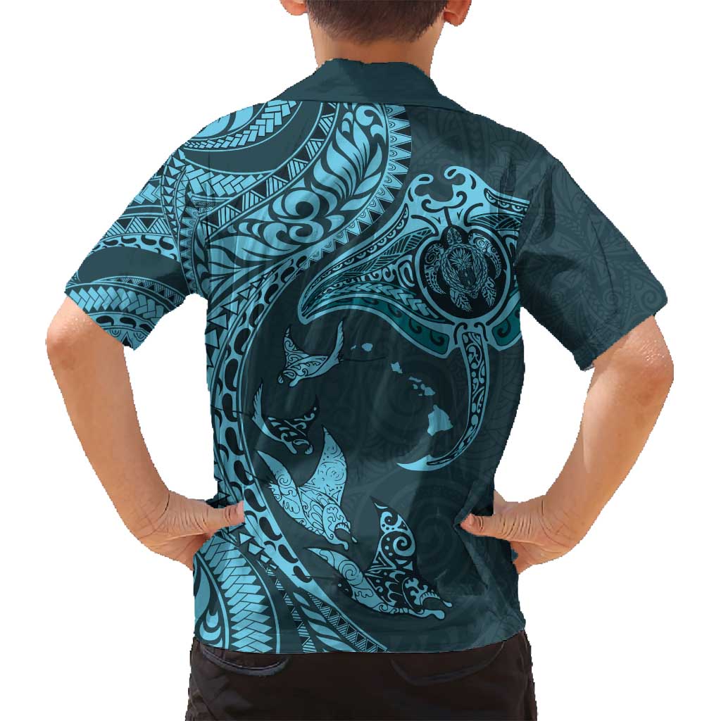 Hawaiian Manta Ray and Polynesian Tribal Tattoo Family Matching Summer Maxi Dress and Hawaiian Shirt Turquoise Color LT03 - Polynesian Pride