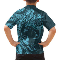 Hawaiian Manta Ray and Polynesian Tribal Tattoo Family Matching Summer Maxi Dress and Hawaiian Shirt Turquoise Color LT03 - Polynesian Pride