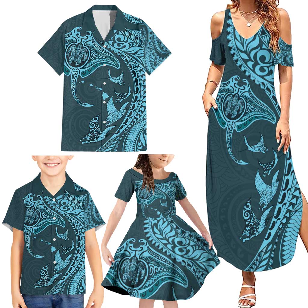 Hawaiian Manta Ray and Polynesian Tribal Tattoo Family Matching Summer Maxi Dress and Hawaiian Shirt Turquoise Color LT03 - Polynesian Pride