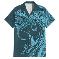 Hawaiian Manta Ray and Polynesian Tribal Tattoo Family Matching Summer Maxi Dress and Hawaiian Shirt Turquoise Color LT03 Dad's Shirt - Short Sleeve Turquoise - Polynesian Pride