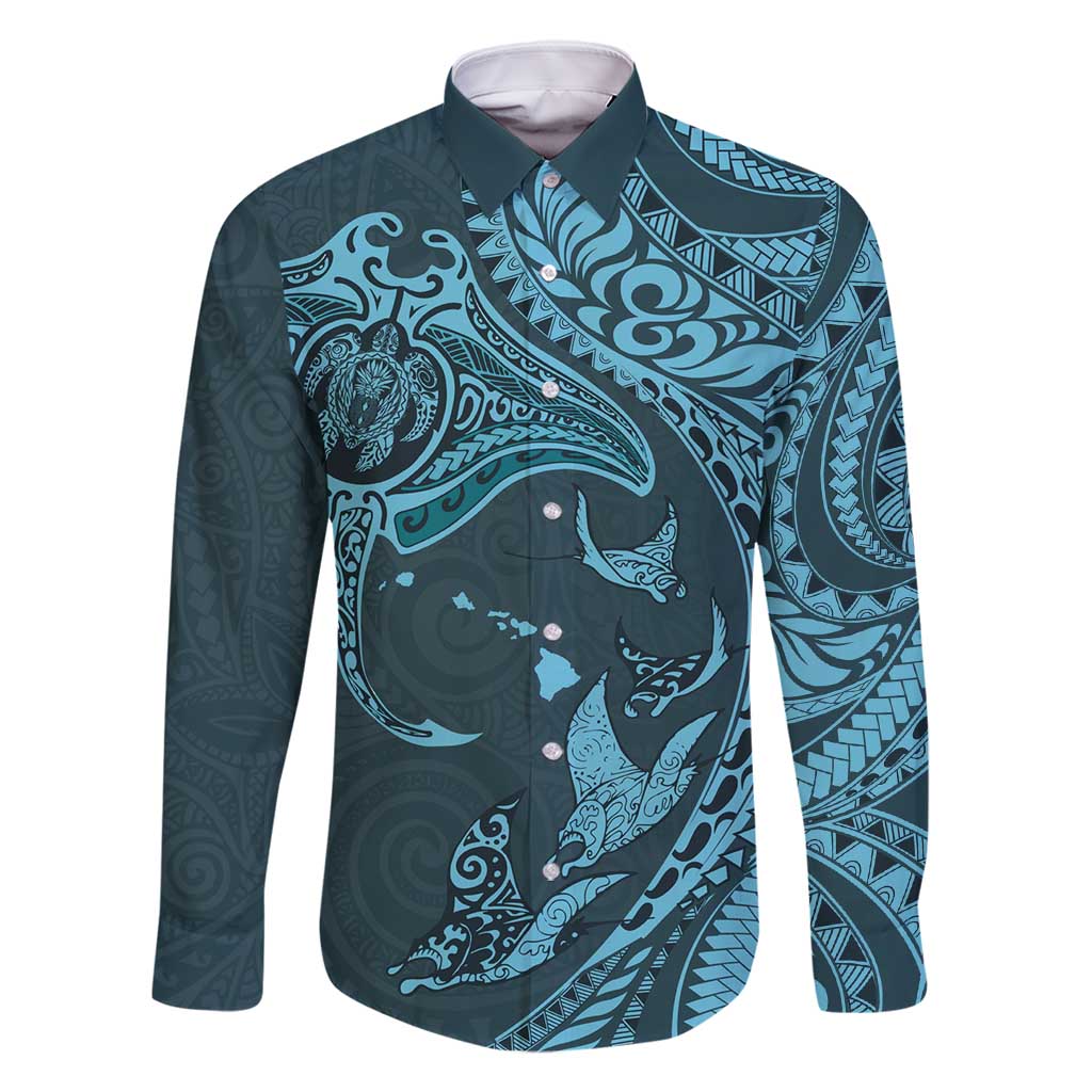 Hawaiian Manta Ray and Polynesian Tribal Tattoo Family Matching Summer Maxi Dress and Hawaiian Shirt Turquoise Color LT03 Dad's Shirt - Long Sleeve Turquoise - Polynesian Pride