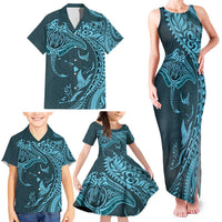 Hawaiian Manta Ray and Polynesian Tribal Tattoo Family Matching Tank Maxi Dress and Hawaiian Shirt Turquoise Color LT03