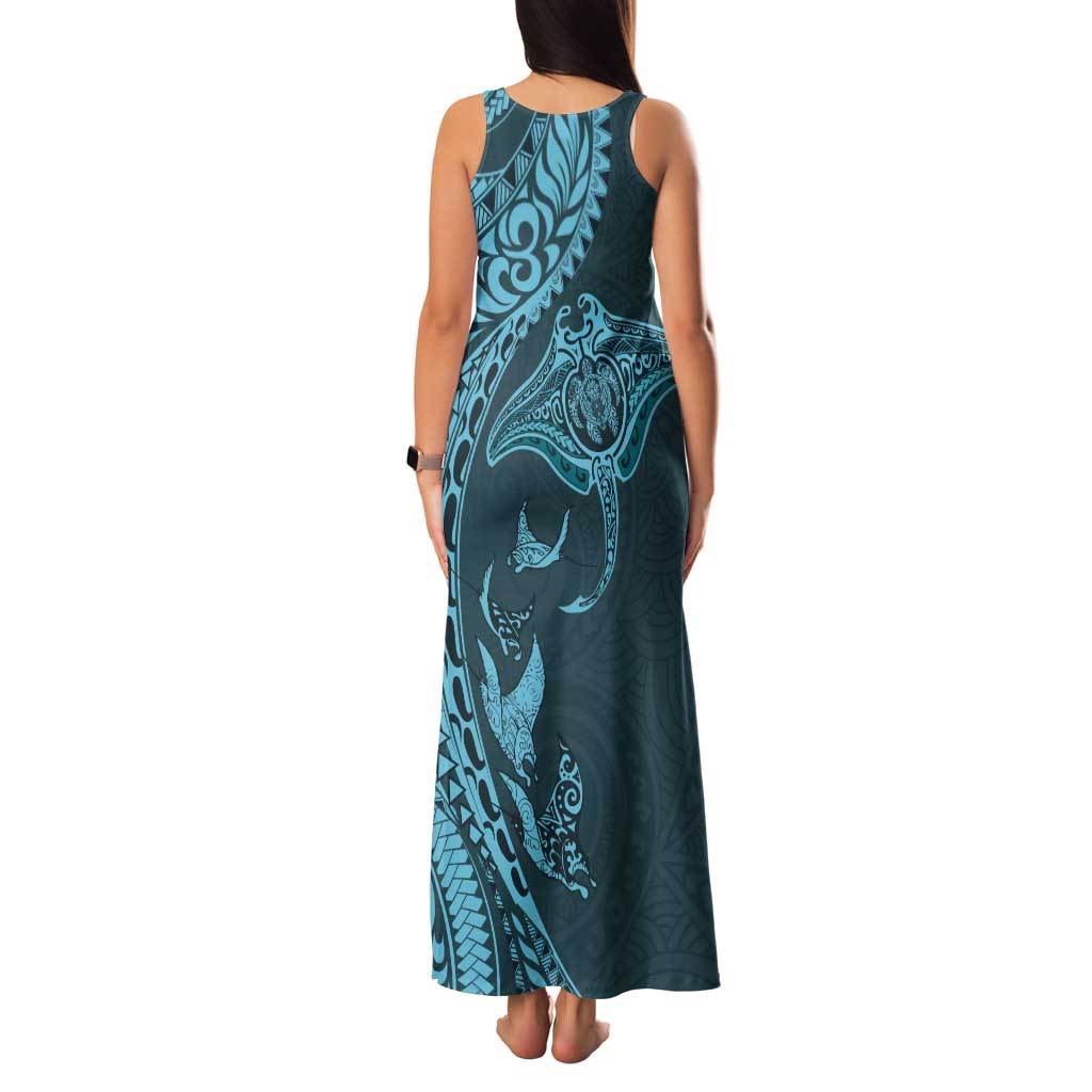 Hawaiian Manta Ray and Polynesian Tribal Tattoo Family Matching Tank Maxi Dress and Hawaiian Shirt Turquoise Color LT03