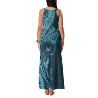 Hawaiian Manta Ray and Polynesian Tribal Tattoo Family Matching Tank Maxi Dress and Hawaiian Shirt Turquoise Color LT03