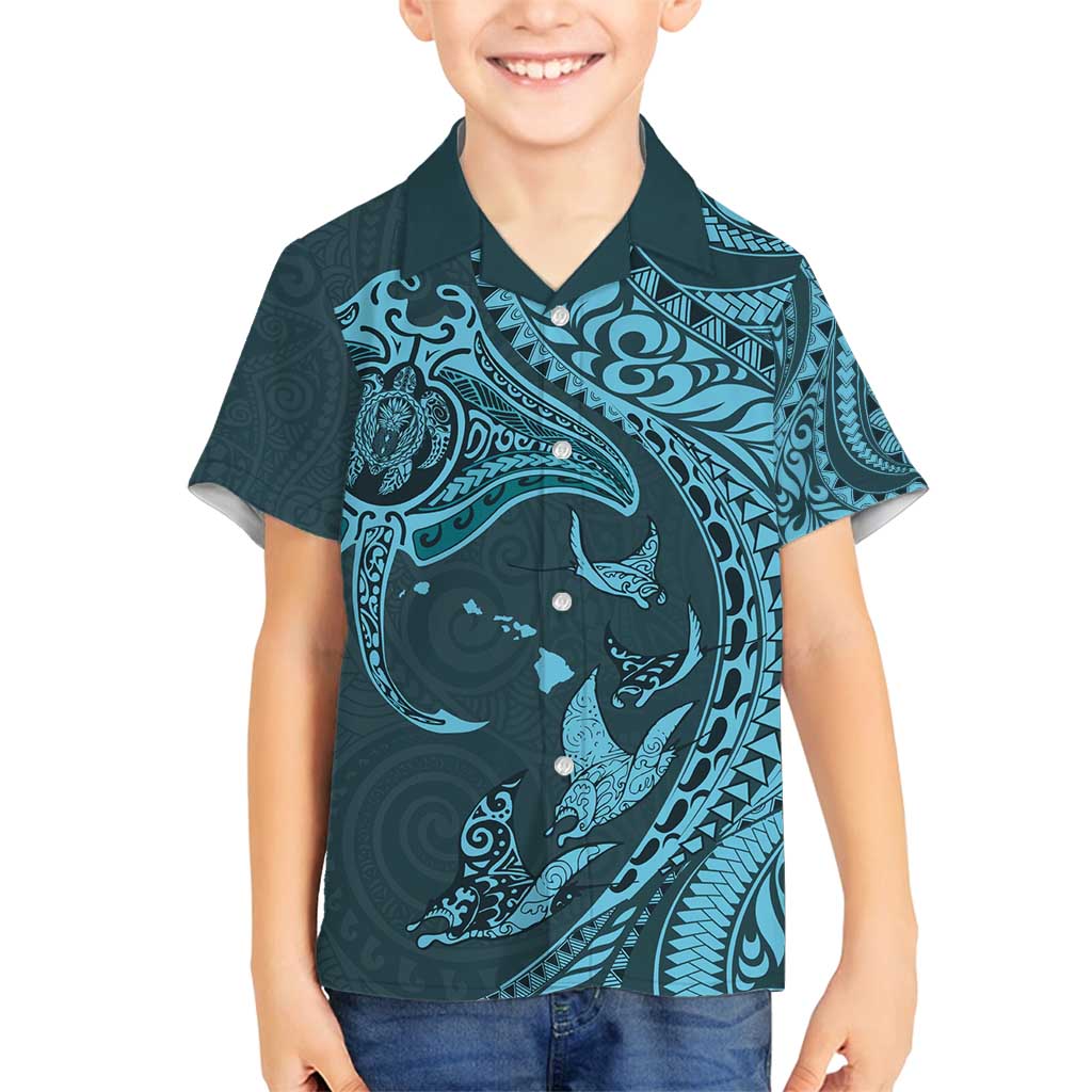 Hawaiian Manta Ray and Polynesian Tribal Tattoo Family Matching Tank Maxi Dress and Hawaiian Shirt Turquoise Color LT03
