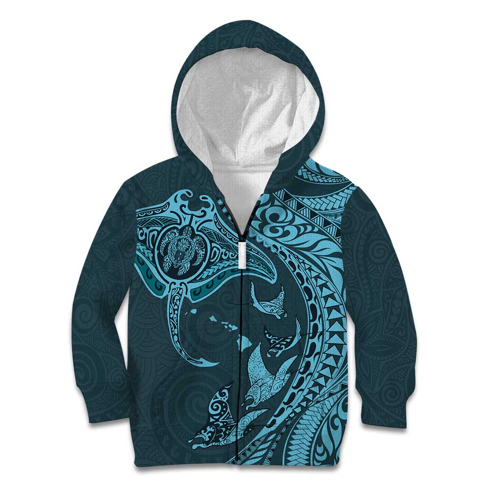 Hawaiian Manta Ray and Polynesian Tribal Tattoo Kid Hoodie Turquoise Color LT03