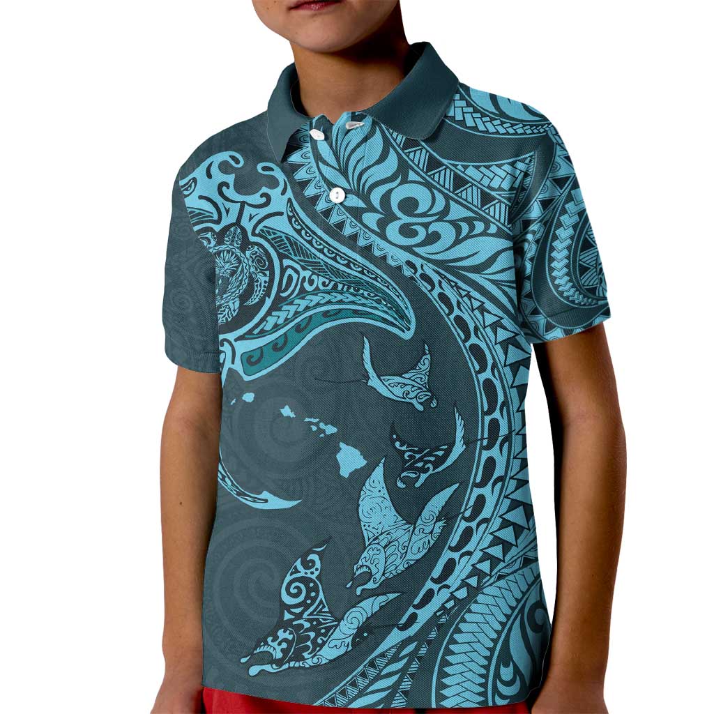 Hawaiian Manta Ray and Polynesian Tribal Tattoo Kid Polo Shirt Turquoise Color LT03