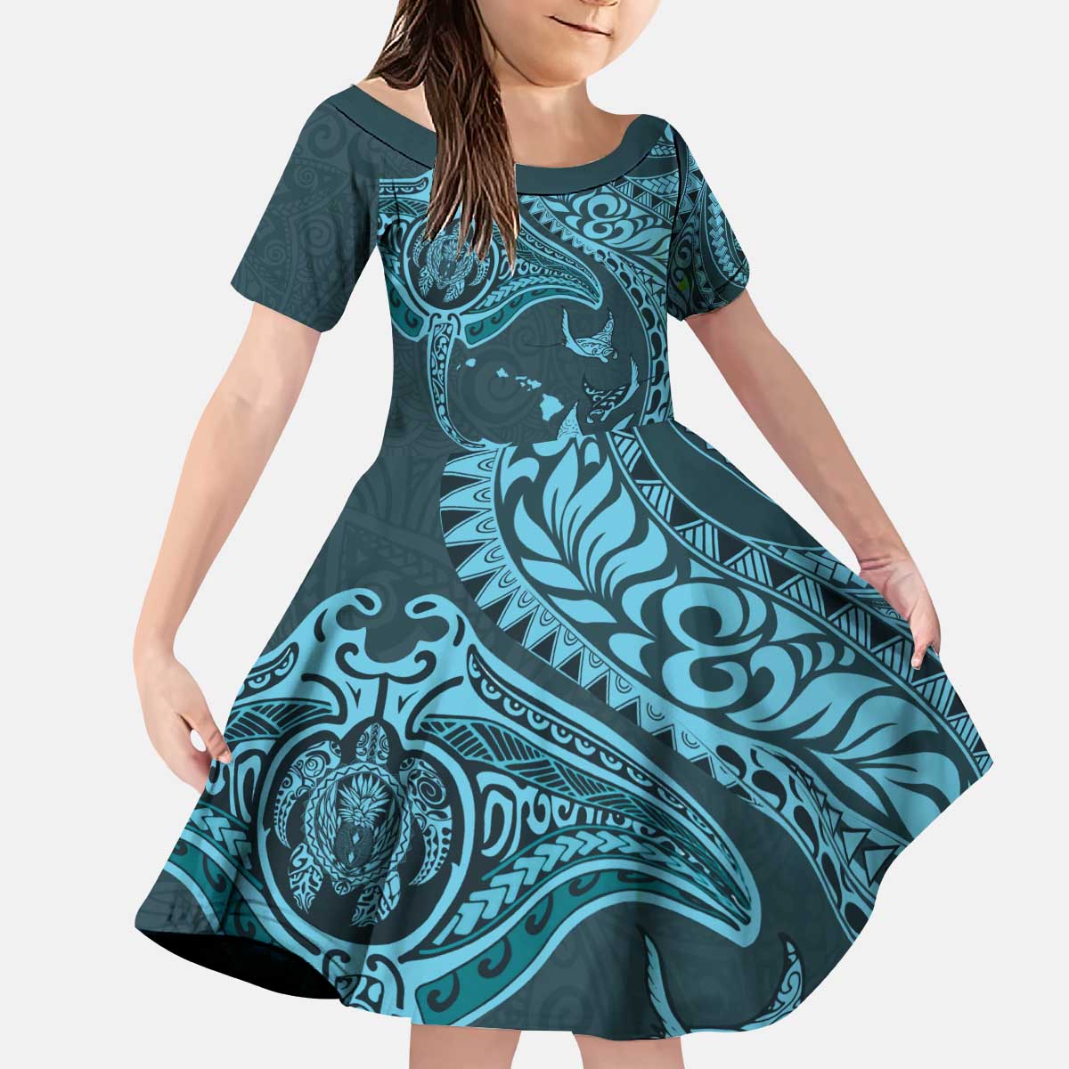 Hawaiian Manta Ray and Polynesian Tribal Tattoo Kid Short Sleeve Dress Turquoise Color LT03