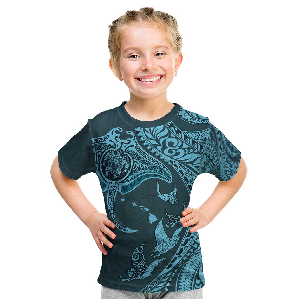 Hawaiian Manta Ray and Polynesian Tribal Tattoo Kid T Shirt Turquoise Color LT03