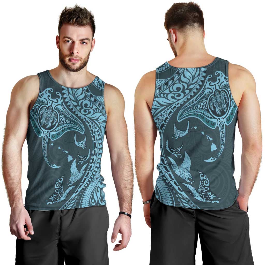 Hawaiian Manta Ray and Polynesian Tribal Tattoo Men Tank Top Turquoise Color LT03