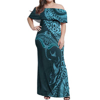 Hawaiian Manta Ray and Polynesian Tribal Tattoo Off Shoulder Maxi Dress Turquoise Color LT03