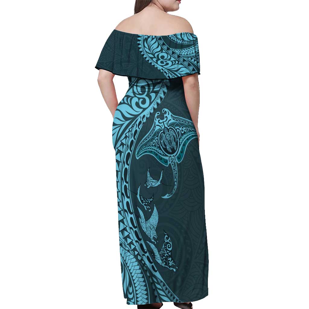 Hawaiian Manta Ray and Polynesian Tribal Tattoo Off Shoulder Maxi Dress Turquoise Color LT03
