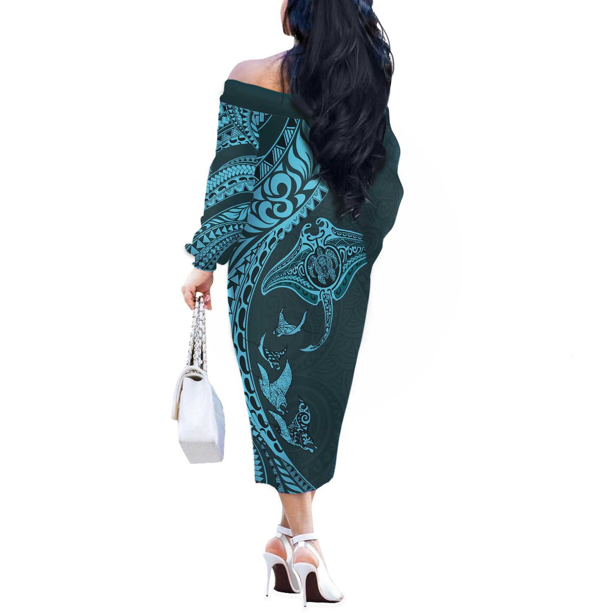 Hawaiian Manta Ray and Polynesian Tribal Tattoo Off The Shoulder Long Sleeve Dress Turquoise Color LT03