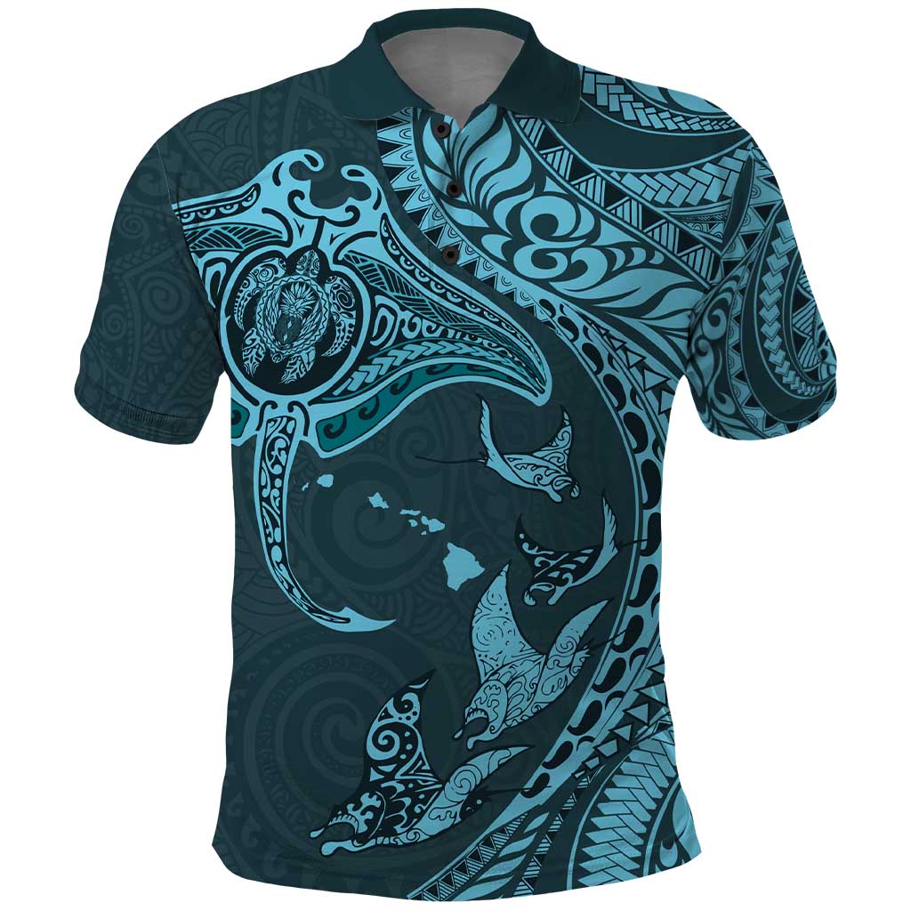 Hawaiian Manta Ray and Polynesian Tribal Tattoo Polo Shirt Turquoise Color LT03