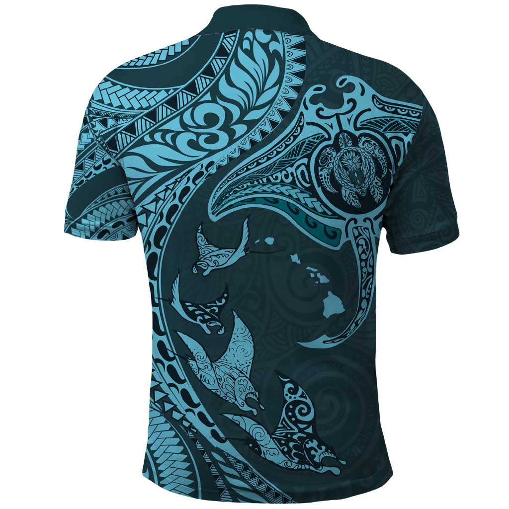 Hawaiian Manta Ray and Polynesian Tribal Tattoo Polo Shirt - Turquoise Color LT03 - Polynesian Pride