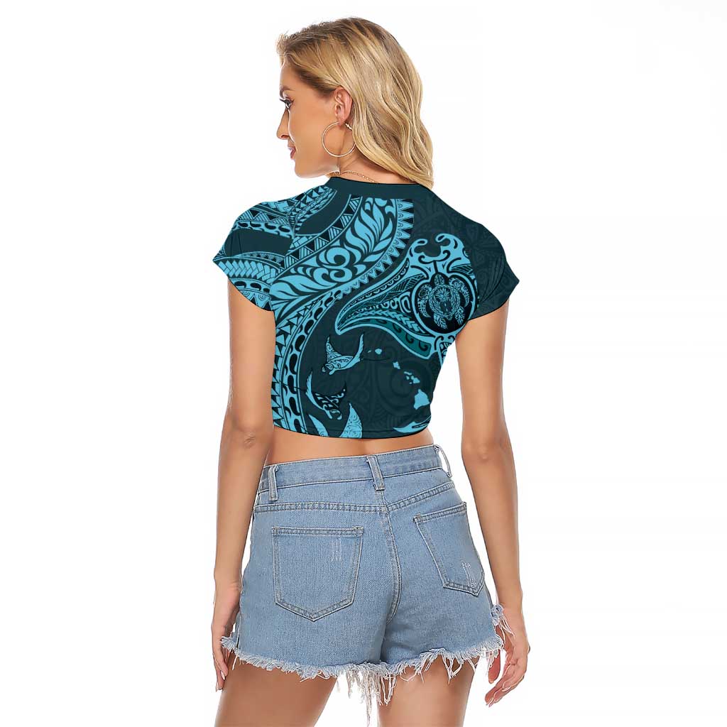 Hawaiian Manta Ray and Polynesian Tribal Tattoo Raglan Cropped T Shirt Turquoise Color LT03