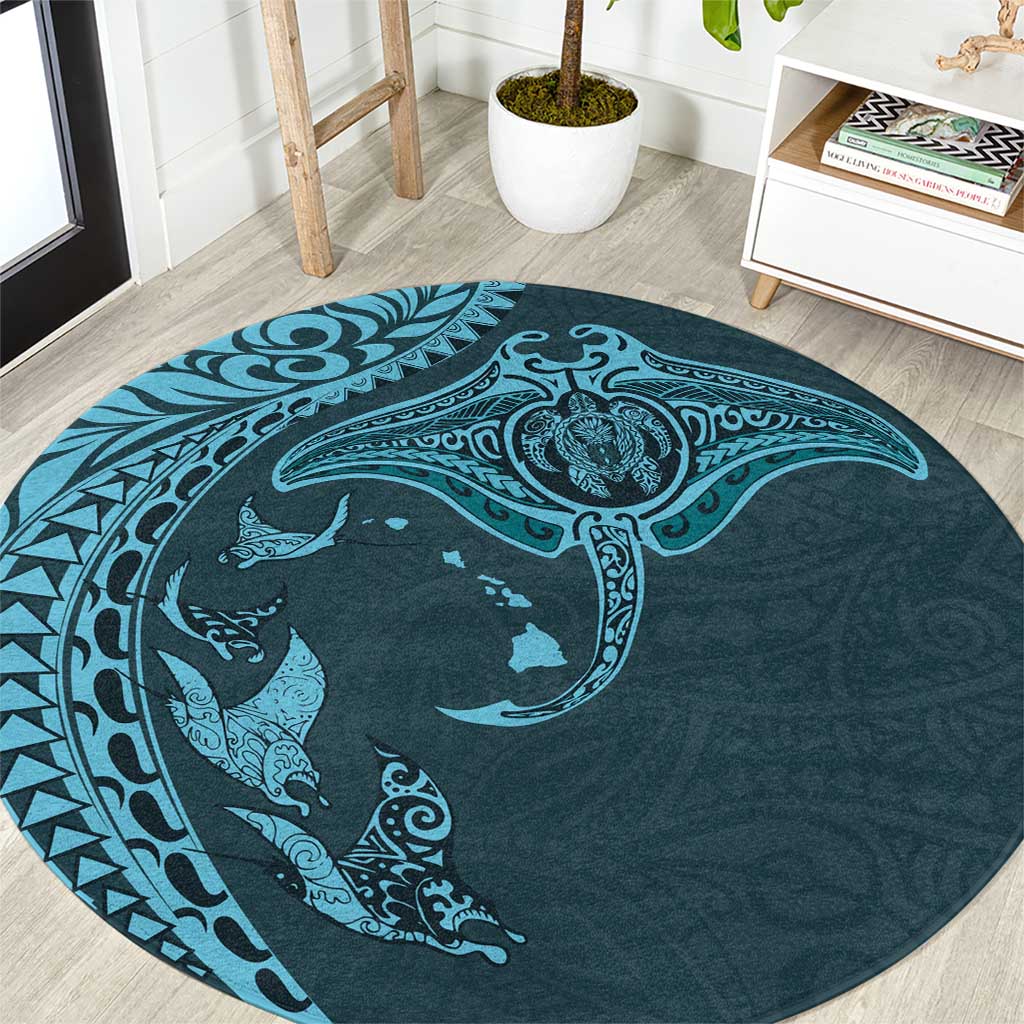 Hawaiian Manta Ray and Polynesian Tribal Tattoo Round Carpet Turquoise Color LT03 Turquoise - Polynesian Pride