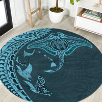 Hawaiian Manta Ray and Polynesian Tribal Tattoo Round Carpet Turquoise Color LT03 Turquoise - Polynesian Pride