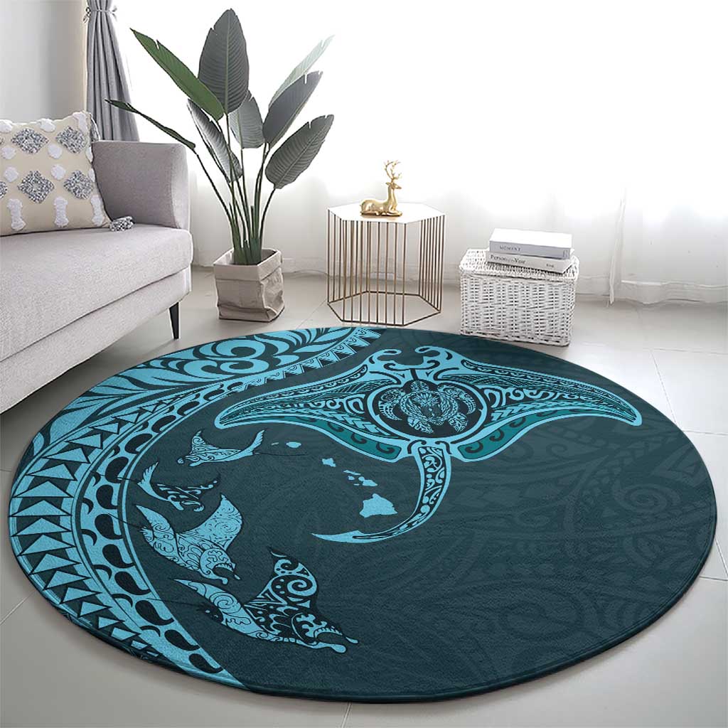 Hawaiian Manta Ray and Polynesian Tribal Tattoo Round Carpet Turquoise Color LT03 - Polynesian Pride